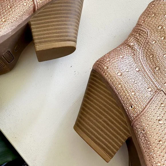 NEW🔥 Rose Gold Rhinestone Cowboy Cowgirl Western Ankle Booties Boots Block Heel - Picture 5 of 7